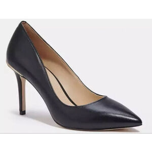 Women's Coach Black Leather Pointed Toe Heels Size 6 with Gold Accents